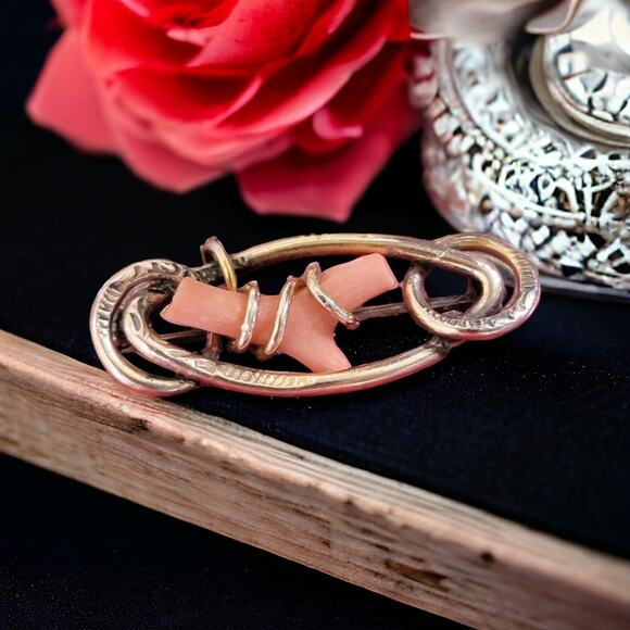 Victorian 14K Gold Love Knot Brooch with Pink Coral -Heirloom - Picture 2 of 10